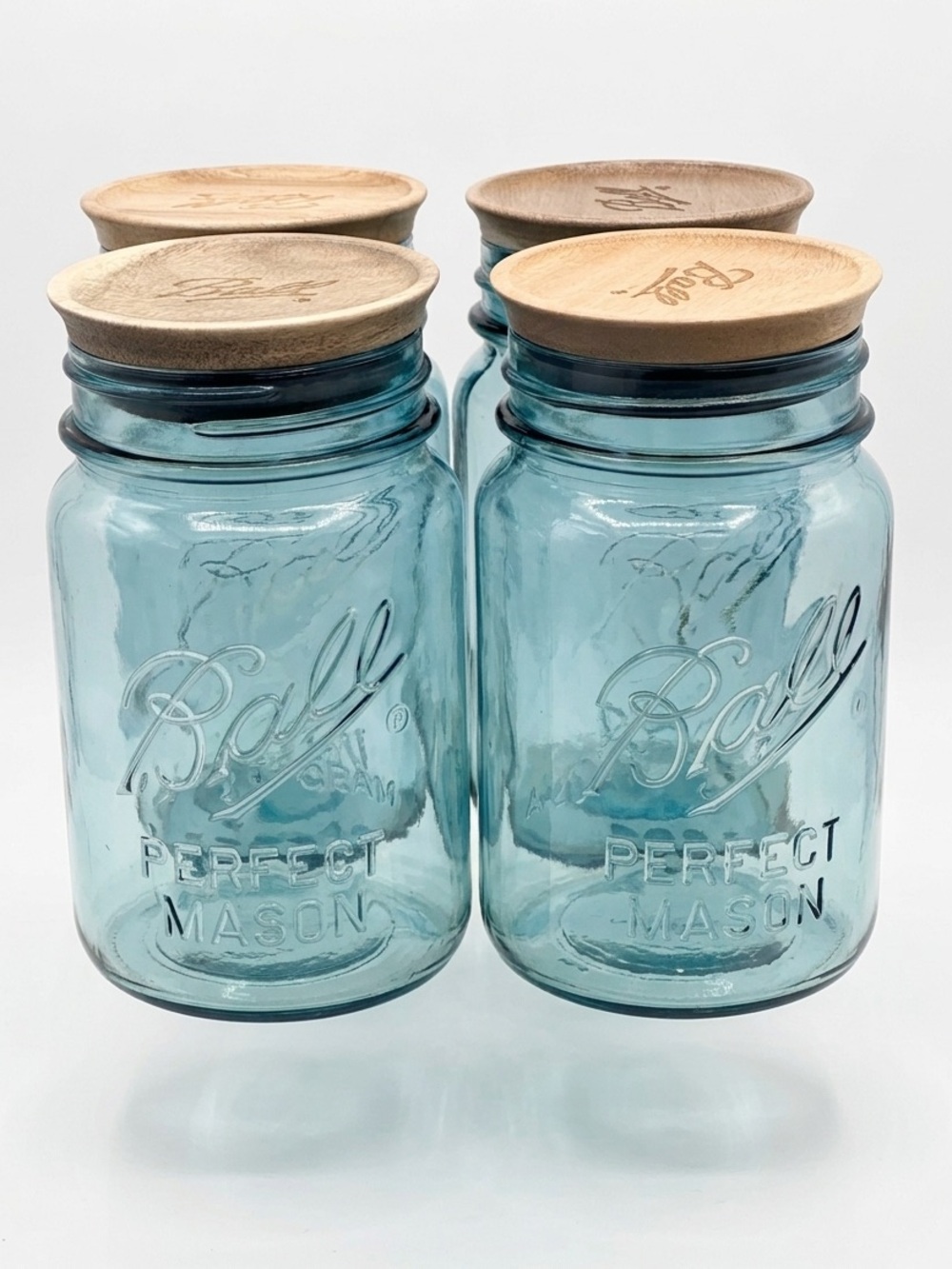 Ball 2013 Heritage Collection Aqua Perfect Mason Jars Acacia Wood Lids Set of 4